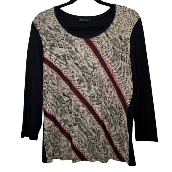 Bianca 3/4‑Sleeve Black Top Reptile  w Scales Design and Rust Color Lace Accents - Picture 1 of 4